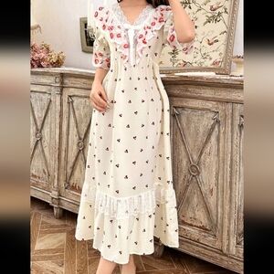 Romantic Cherry Print Lace Long Nightgown For Women